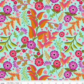 The image is a vibrant and colorful pattern featuring various flowers, leaves, and other natural elements in shades of pink, orange, green, and purple. The pattern is arranged in a repeating design, creating a visually appealing and lively composition.