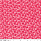 The image is a repeating pattern of pink flowers on a red background.