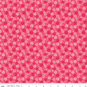 The image is a repeating pattern of pink flowers on a red background.