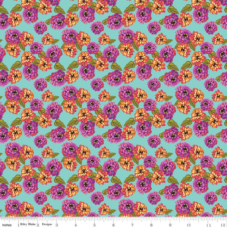 a vibrant and colorful pattern of flowers on a turquoise background. The flowers are arranged in a repeating pattern, creating a visually appealing and lively design.