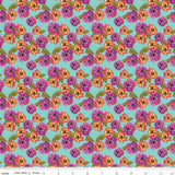 a vibrant and colorful pattern of flowers on a turquoise background. The flowers are arranged in a repeating pattern, creating a visually appealing and lively design.
