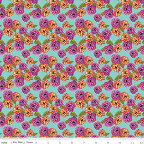a vibrant and colorful pattern of flowers on a turquoise background. The flowers are arranged in a repeating pattern, creating a visually appealing and lively design.