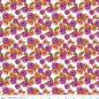 a repeating pattern of colorful flowers in shades of purple, orange, and green against a white background.