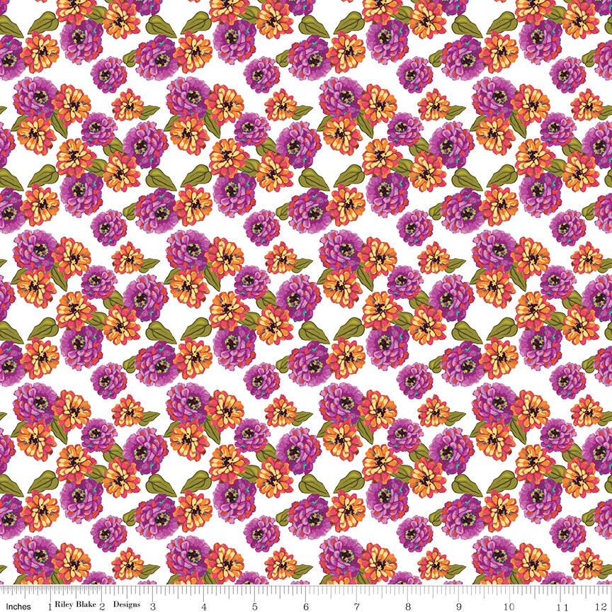 a repeating pattern of colorful flowers in shades of purple, orange, and green against a white background.