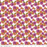 a repeating pattern of colorful flowers in shades of purple, orange, and green against a white background.