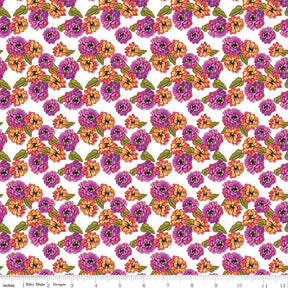 a repeating pattern of colorful flowers in shades of purple, orange, and green against a white background.