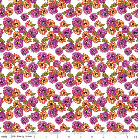 a repeating pattern of colorful flowers in shades of purple, orange, and green against a white background.
