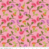 a repeating pattern of colorful flowers and leaves on a pink background.