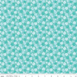 The image is a repeating pattern of small white flowers on a light blue background.