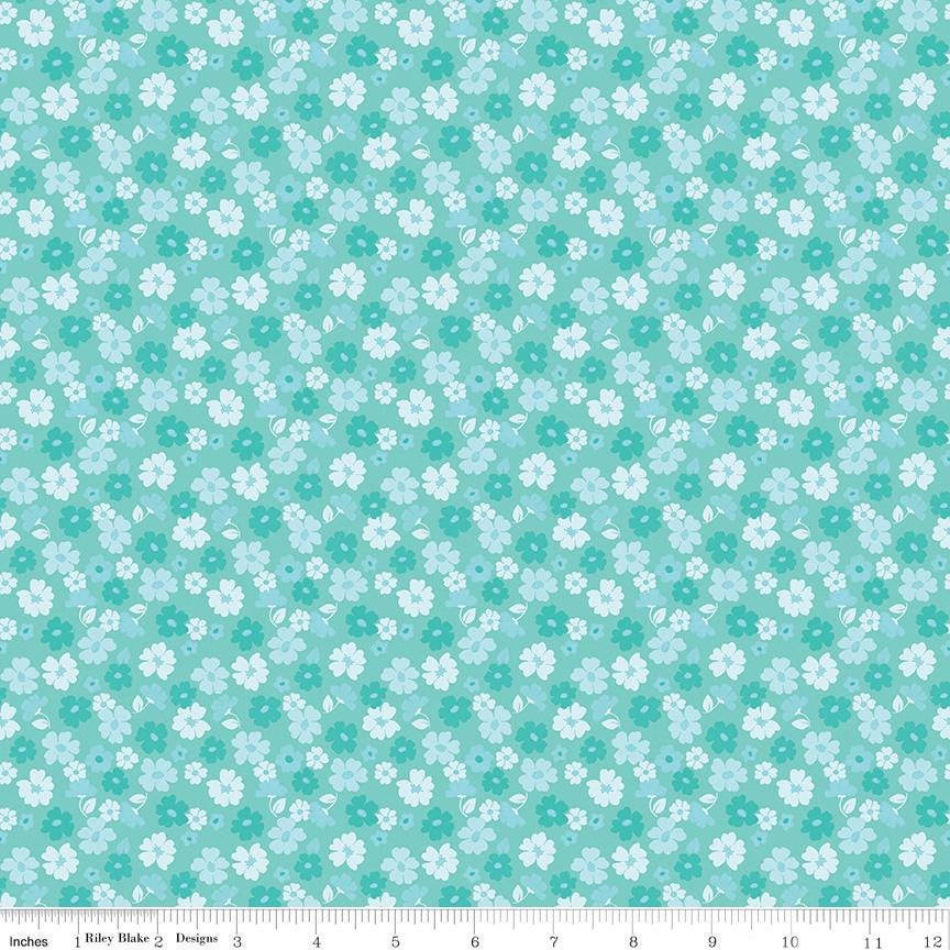 The image is a repeating pattern of small white flowers on a light blue background.