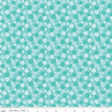 The image is a repeating pattern of small white flowers on a light blue background.