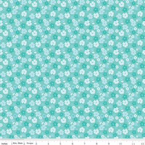 The image is a repeating pattern of small white flowers on a light blue background.
