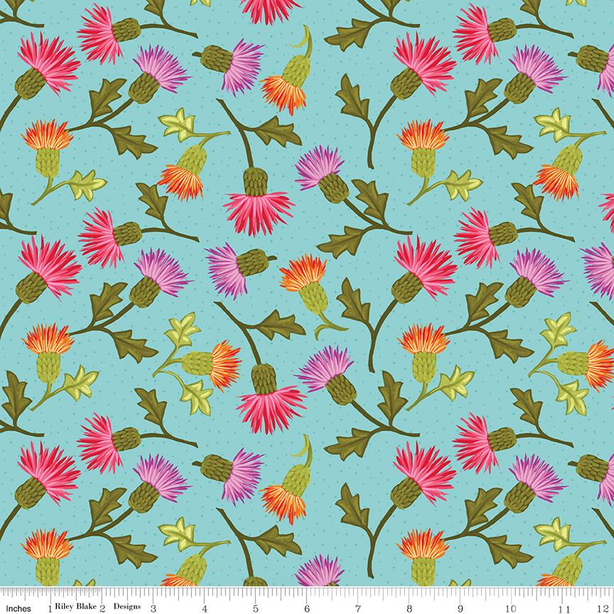 a repeating pattern of colorful flowers and leaves on a light blue background.
