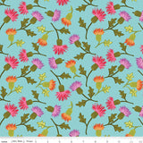 a repeating pattern of colorful flowers and leaves on a light blue background.