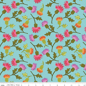 a repeating pattern of colorful flowers and leaves on a light blue background.