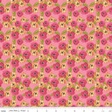 a repeating pattern of pink and yellow flowers with green leaves against a pink background.