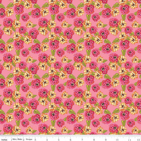 a repeating pattern of pink and yellow flowers with green leaves against a pink background.