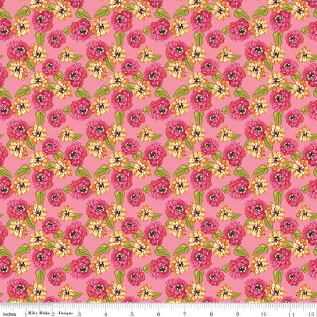 a repeating pattern of pink and yellow flowers with green leaves against a pink background.
