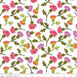 a repeating pattern of colorful flowers and leaves on a white background.