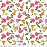 a repeating pattern of colorful flowers and leaves on a white background.