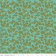 a repeating pattern of green leaves and small white dots on a turquoise background.
