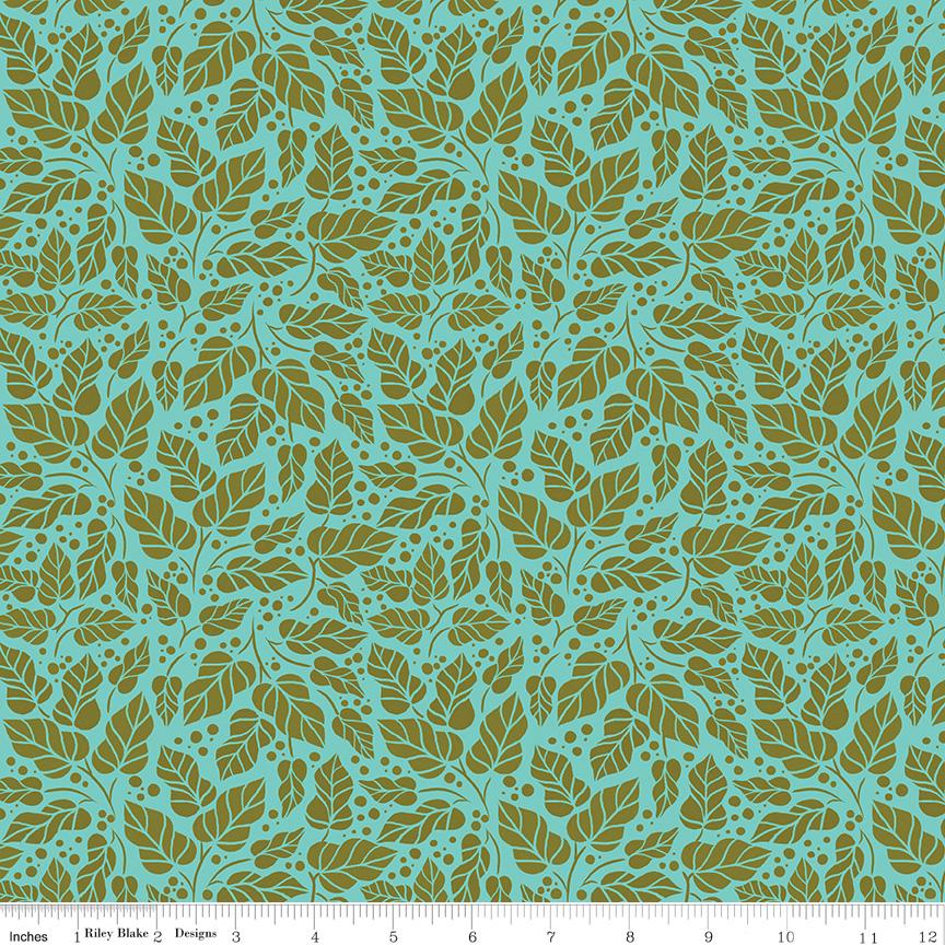 a repeating pattern of green leaves and small white dots on a turquoise background.