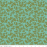 a repeating pattern of green leaves and small white dots on a turquoise background.