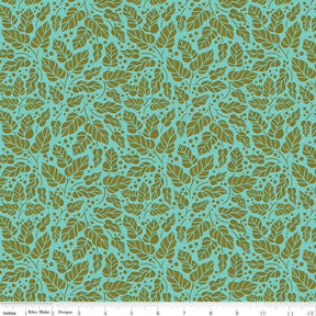 a repeating pattern of green leaves and small white dots on a turquoise background.