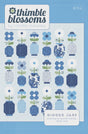 May include: A quilt pattern titled "Thimble Blossoms" by Camille Roskelley. The design features rows of stylized blue flower arrangements in various patterned vases. The text "Ginger Jars" and "a darling fat quarter friendly flower quilt" are also visible.