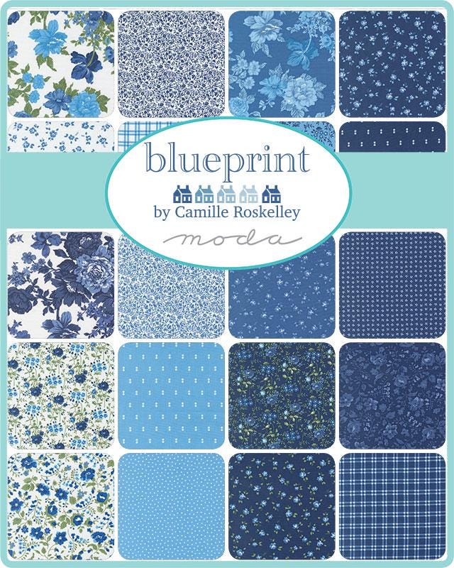 The image is a collection of various blue floral and geometric patterns, arranged in a grid format. The text "blueprint by Camille Roskelley" is displayed in the center, indicating the designer of the pattern.
