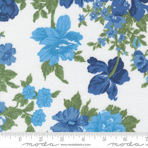 a close-up view of a fabric with a floral pattern in shades of blue and green. The fabric appears to be a type of textile, possibly used for clothing or home decor.