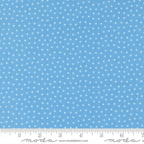 The image is a fabric with a blue background and white stars, and it is described as a fabric with white stars on a blue background.