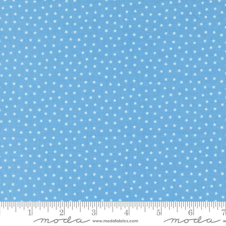 The image is a fabric with a blue background and white stars, and it is described as a fabric with white stars on a blue background.