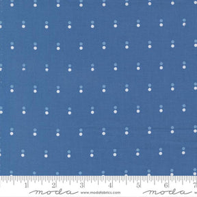 The image is a close-up of a blue fabric with white dots arranged in a diagonal pattern.