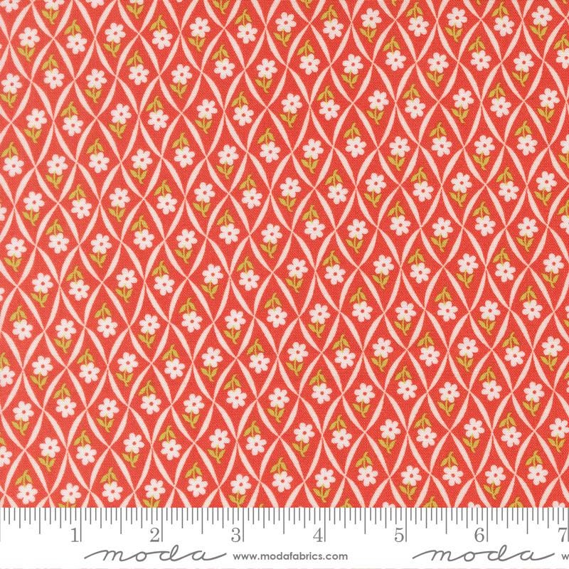 a repeating pattern of red and white flowers on a fabric surface.