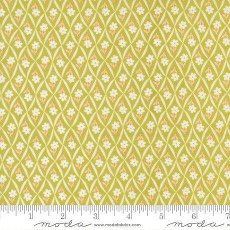 a repeating pattern of white flowers on a yellow background.