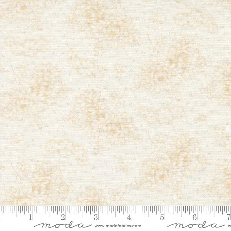 The image is a fabric with a floral pattern, featuring a repeating design of flowers and leaves in various shades of beige.