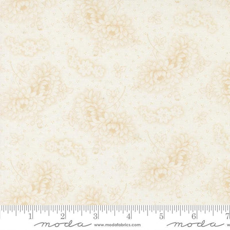 The image is a fabric with a floral pattern, featuring a repeating design of flowers and leaves in various shades of beige.