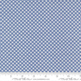 a close-up view of a fabric with a blue and white checkered pattern. The fabric appears to be made of a woven material, with a repeating pattern of small white squares or stars. The fabric is displayed on a ruler for scale, indicating its size. The image does not contain any text or additional objects, and the focus is solely on the fabric's pattern and texture.
