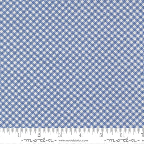 a close-up view of a fabric with a blue and white checkered pattern. The fabric appears to be made of a woven material, with a repeating pattern of small white squares or stars. The fabric is displayed on a ruler for scale, indicating its size. The image does not contain any text or additional objects, and the focus is solely on the fabric's pattern and texture.