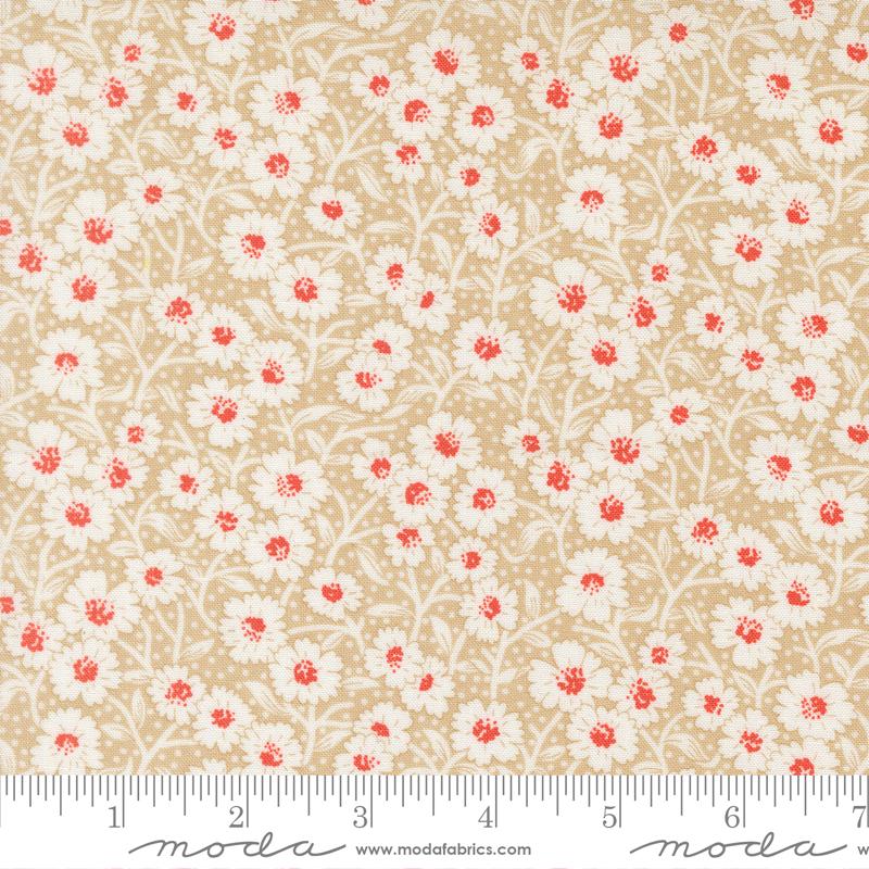 a repeating pattern of red and white flowers on a beige background.