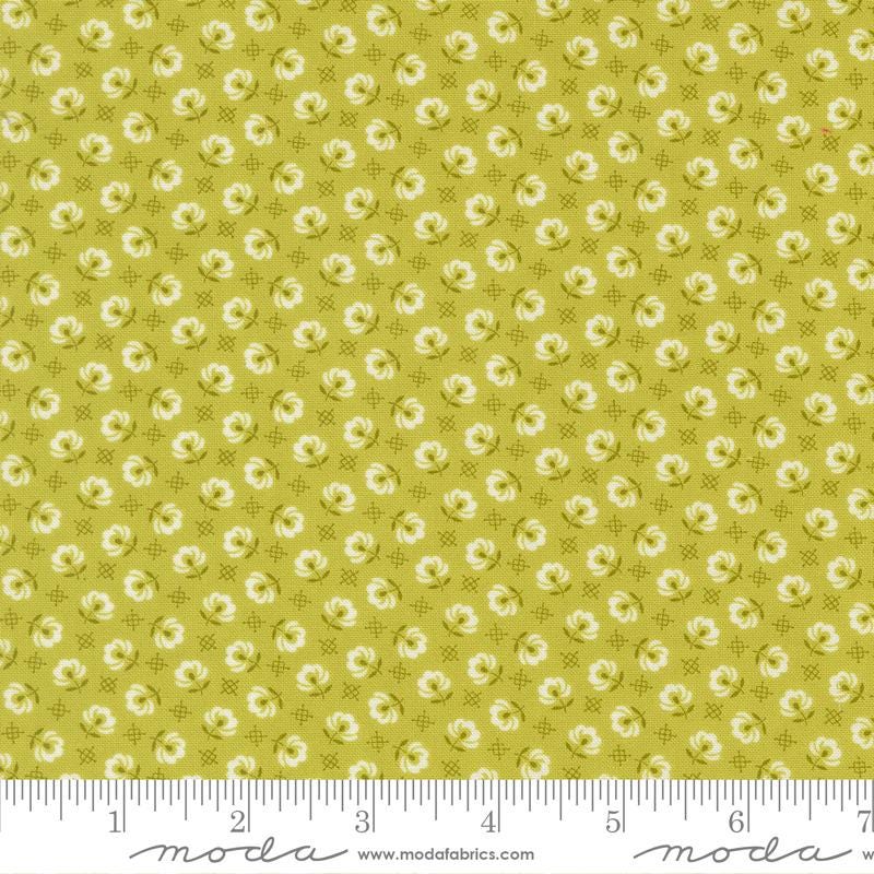The image is a repeating pattern of small white flowers on a yellow background.