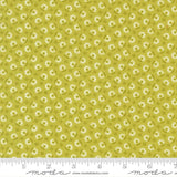 The image is a repeating pattern of small white flowers on a yellow background.