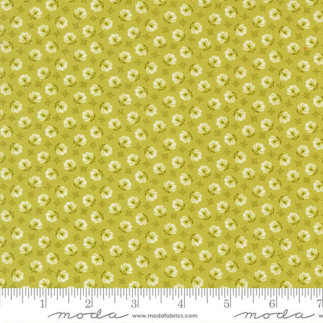 The image is a repeating pattern of small white flowers on a yellow background.