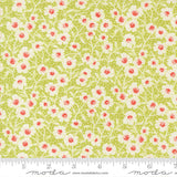 a repeating pattern of white and red flowers on a green background.