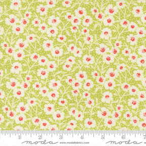 a repeating pattern of white and red flowers on a green background.
