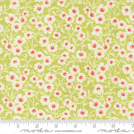 a repeating pattern of white and red flowers on a green background.