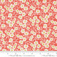 a repeating pattern of white flowers with green centers against a red background.