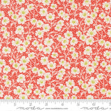 a repeating pattern of white flowers with green centers against a red background.