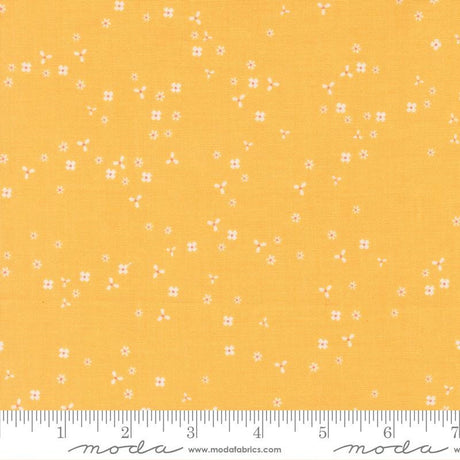 The image is a fabric with a yellow background and small white flowers scattered across it.